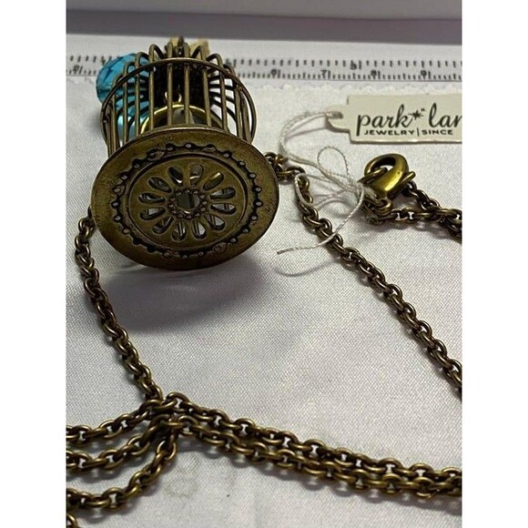 Parklane Birdcage Necklace 30" Long with Turquoise Blue Crystal and White Flower - Picture 5 of 7